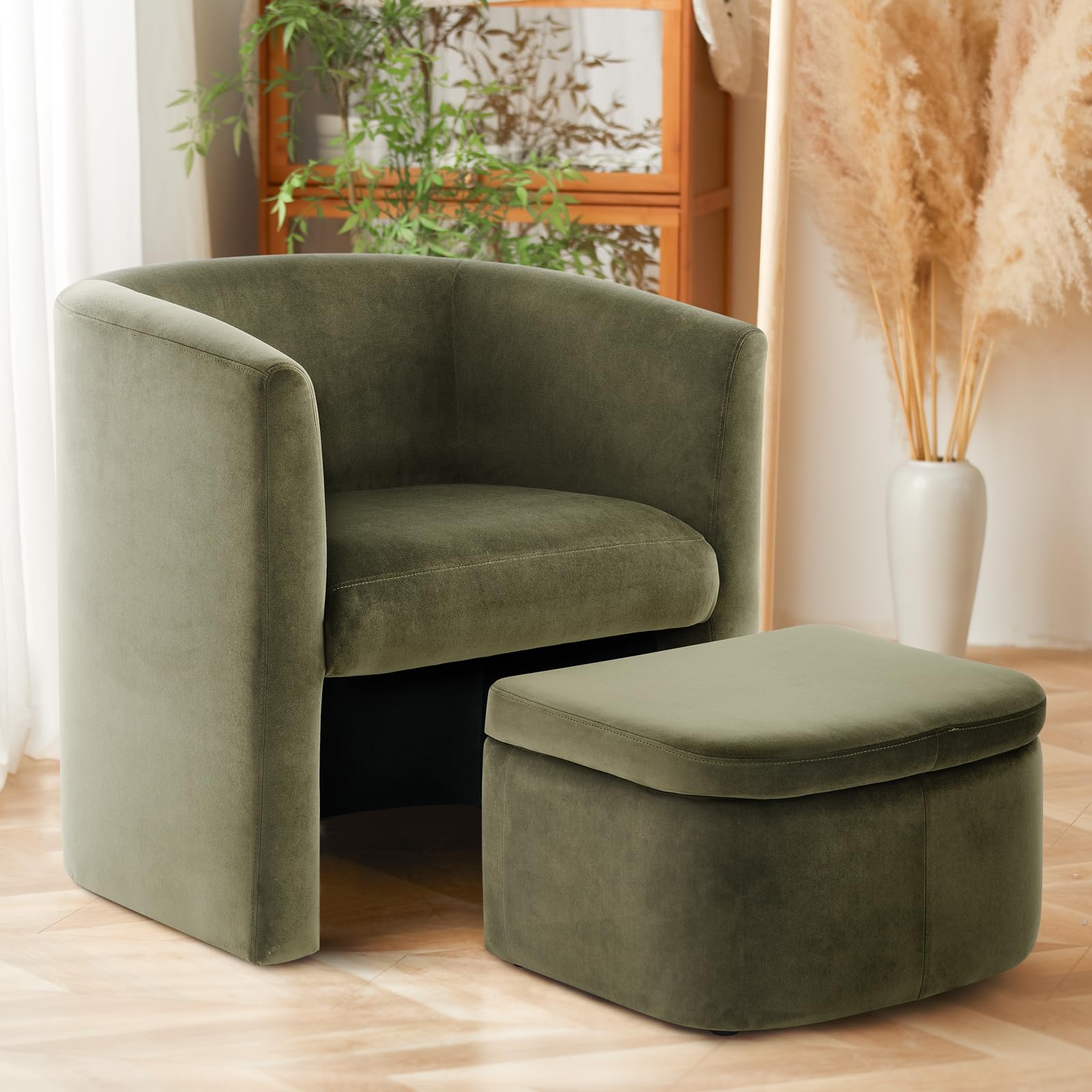 Morden Velvet Living Room Side Chair with Storage Ottoman Set of 2, Single Sofa Armchair with Lounge Seat, Upholstered Barrel Accent Chair for Bedroom/Office/Reading Spaces, Green