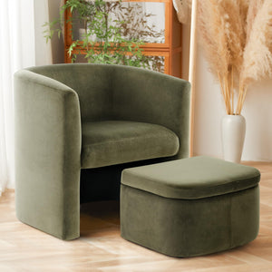 Morden Velvet Living Room Side Chair with Storage Ottoman Set of 2, Single Sofa Armchair with Lounge Seat, Upholstered Barrel Accent Chair for Bedroom/Office/Reading Spaces, Green