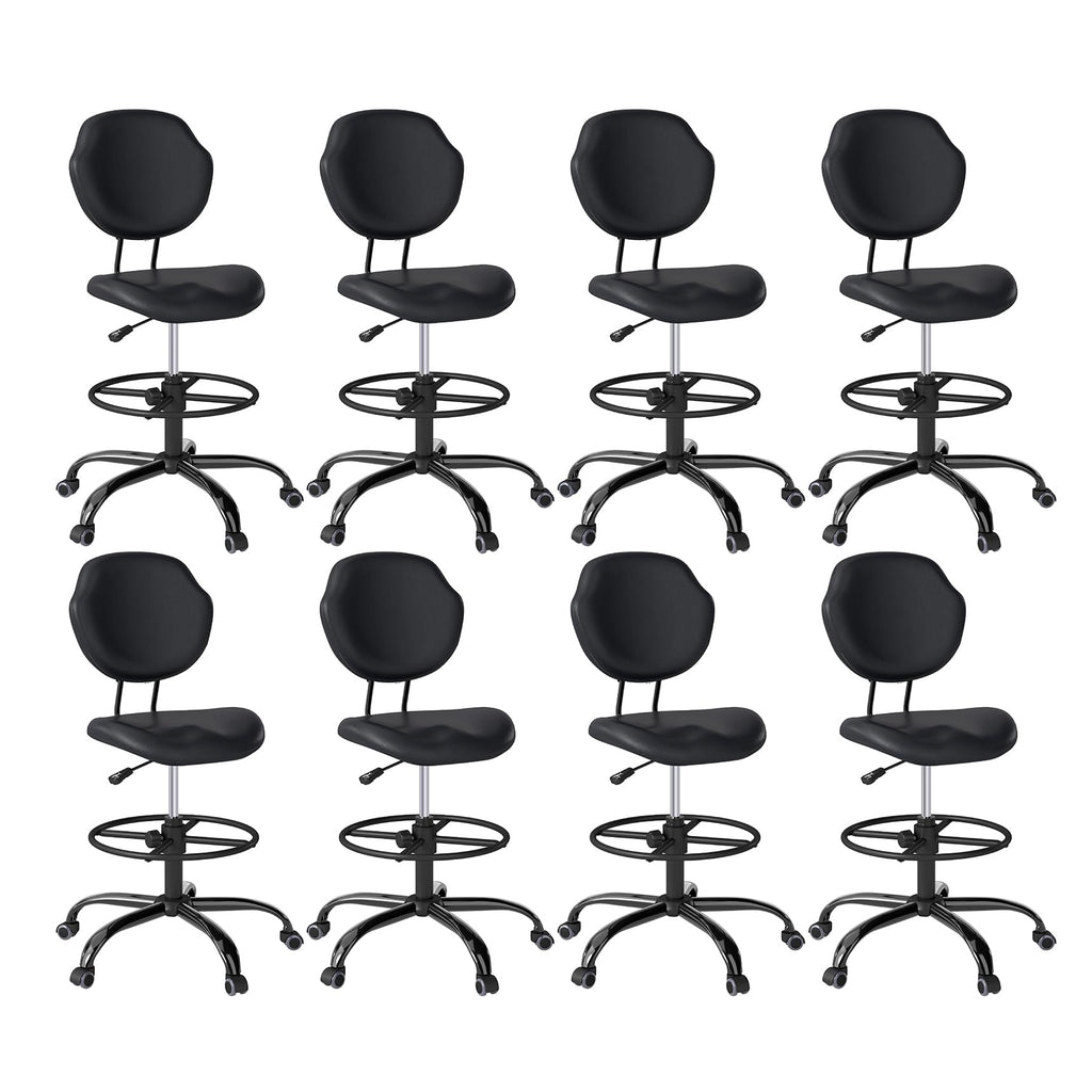 (Black, 8 Pack) Drafting Chair with Back Support, Tall/High Desk Rolling Stool, Faux Leather Office Chair with Height Adjustable for Standing Desk, Home Office, Bar, Workbench & Kitchen
