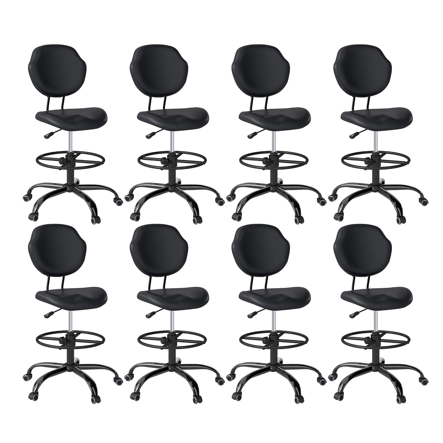 (Black, 8 Pack) Drafting Chair with Back Support, Tall/High Desk Rolling Stool, Faux Leather Office Chair with Height Adjustable for Standing Desk, Home Office, Bar, Workbench & Kitchen