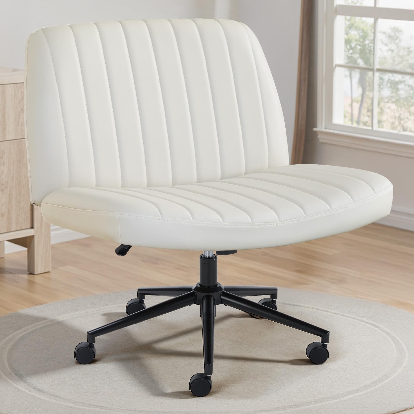 Criss Cross Chair with Wheels Wide Cross Legged Office Desk Vanity Chair Comfy Fabric Armless Adjustable Swivel for Home Computer Task PU Beige