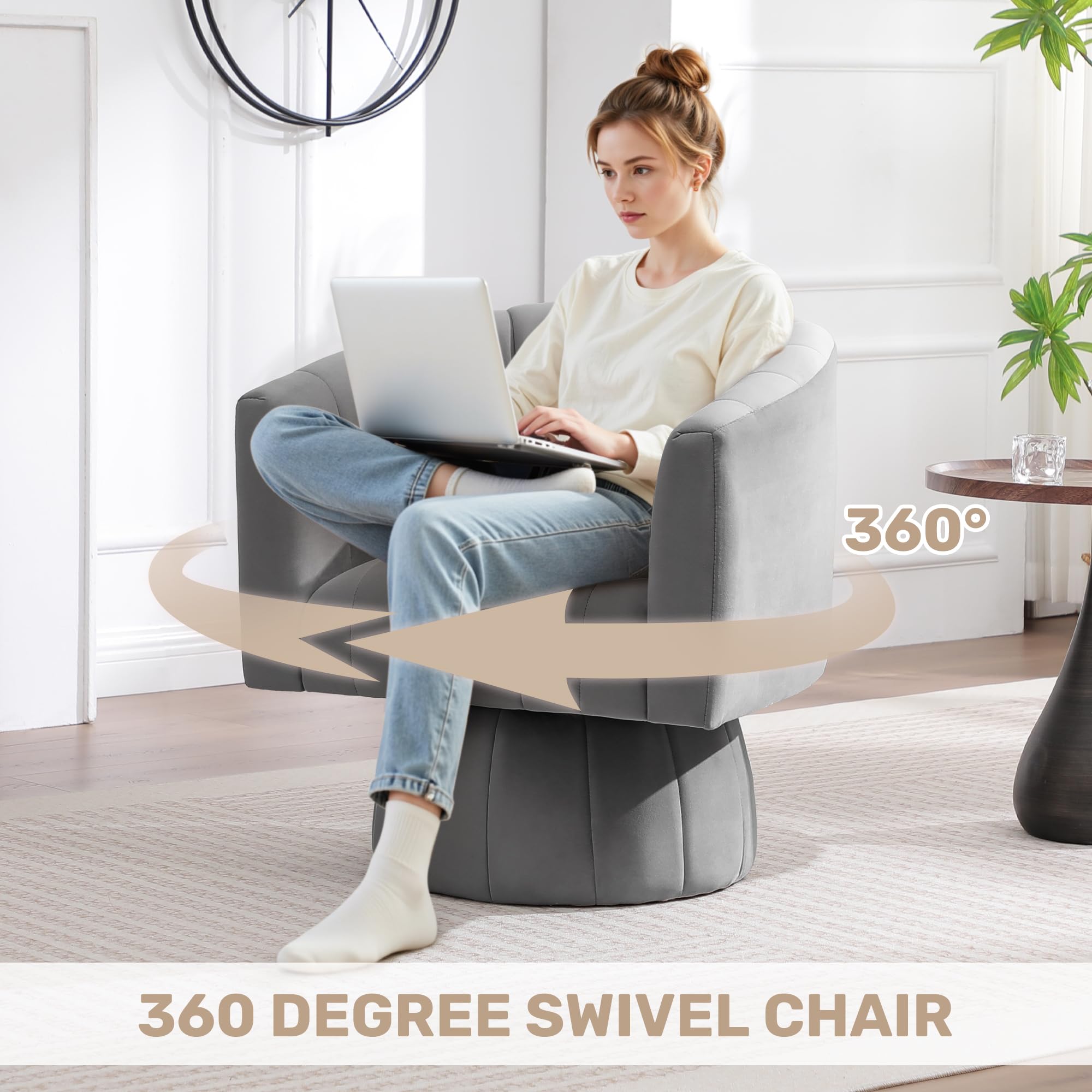 Swivel Accent Barrel Chair Set of 2, Cute Comfy Small Round 360° Arm Chair, Velvet Sofa Club Reading Chair for Living Room Bedroom Office Grey