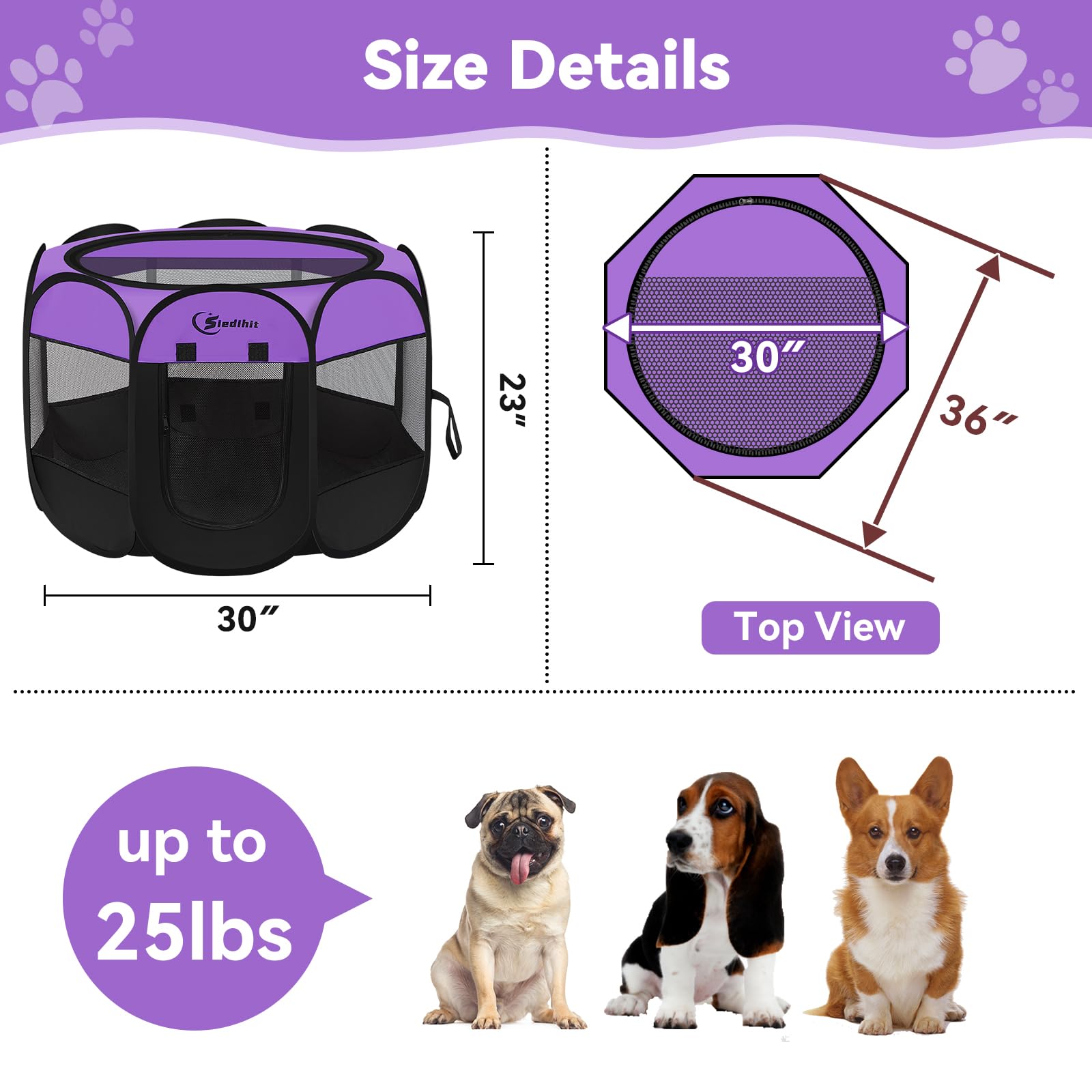 Dog Playpen, Puppy Pet Playpen, Dog Crate Tent Cage Indoor/Outdoor, Portable Pop Up Dogs Kennel Playpen with Carrying Case for Dogs/Cats/Rabbits, Purple, Medium