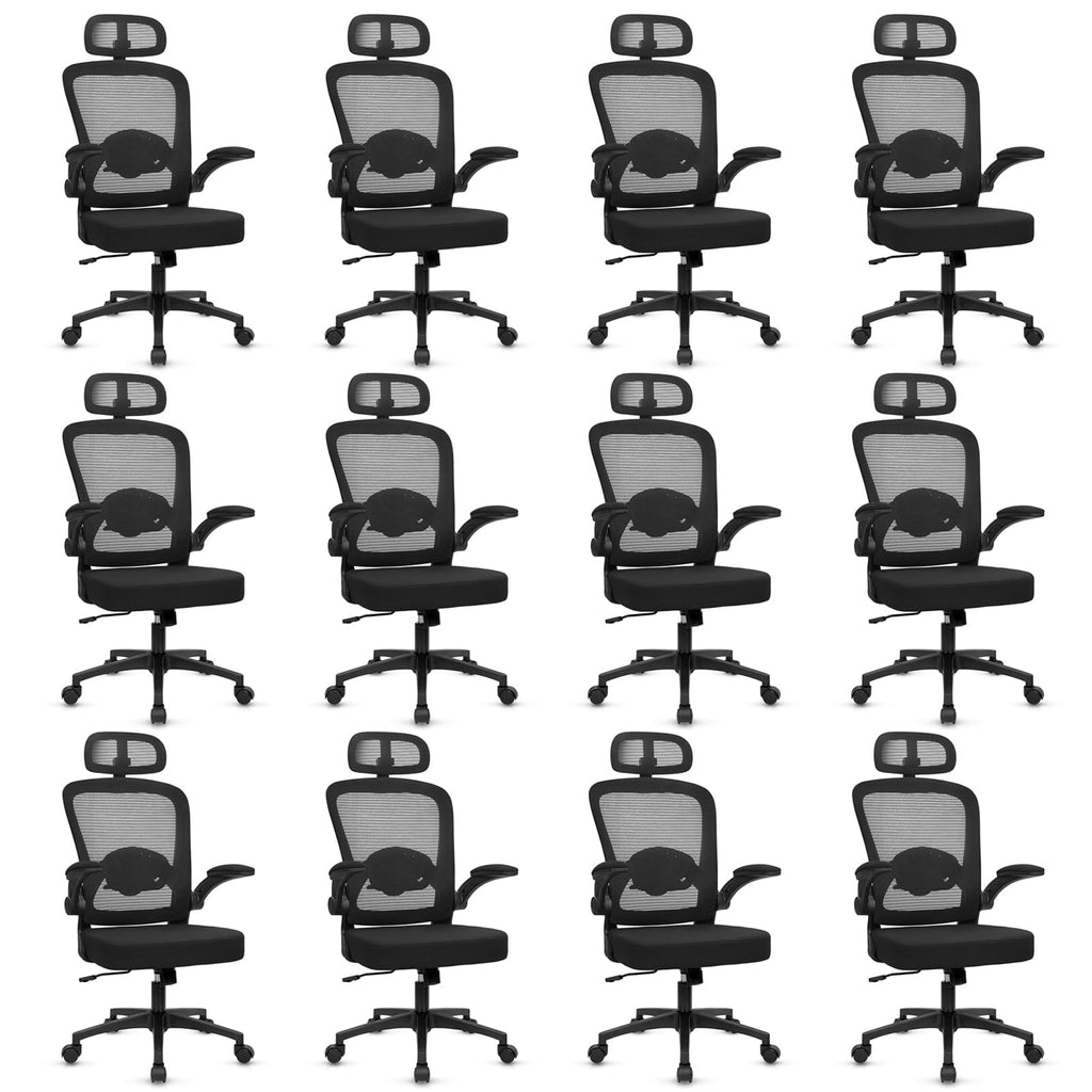 (12PK) Home Office Desk Chair with Flip Up Armrests, Mesh Back Chair with Adjustable Height Lumbar Support and Headrest, Ergonomic Computer Task Chair for School, Conference, Black