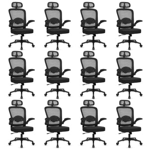 (12PK) Home Office Desk Chair with Flip Up Armrests, Mesh Back Chair with Adjustable Height Lumbar Support and Headrest, Ergonomic Computer Task Chair for School, Conference, Black