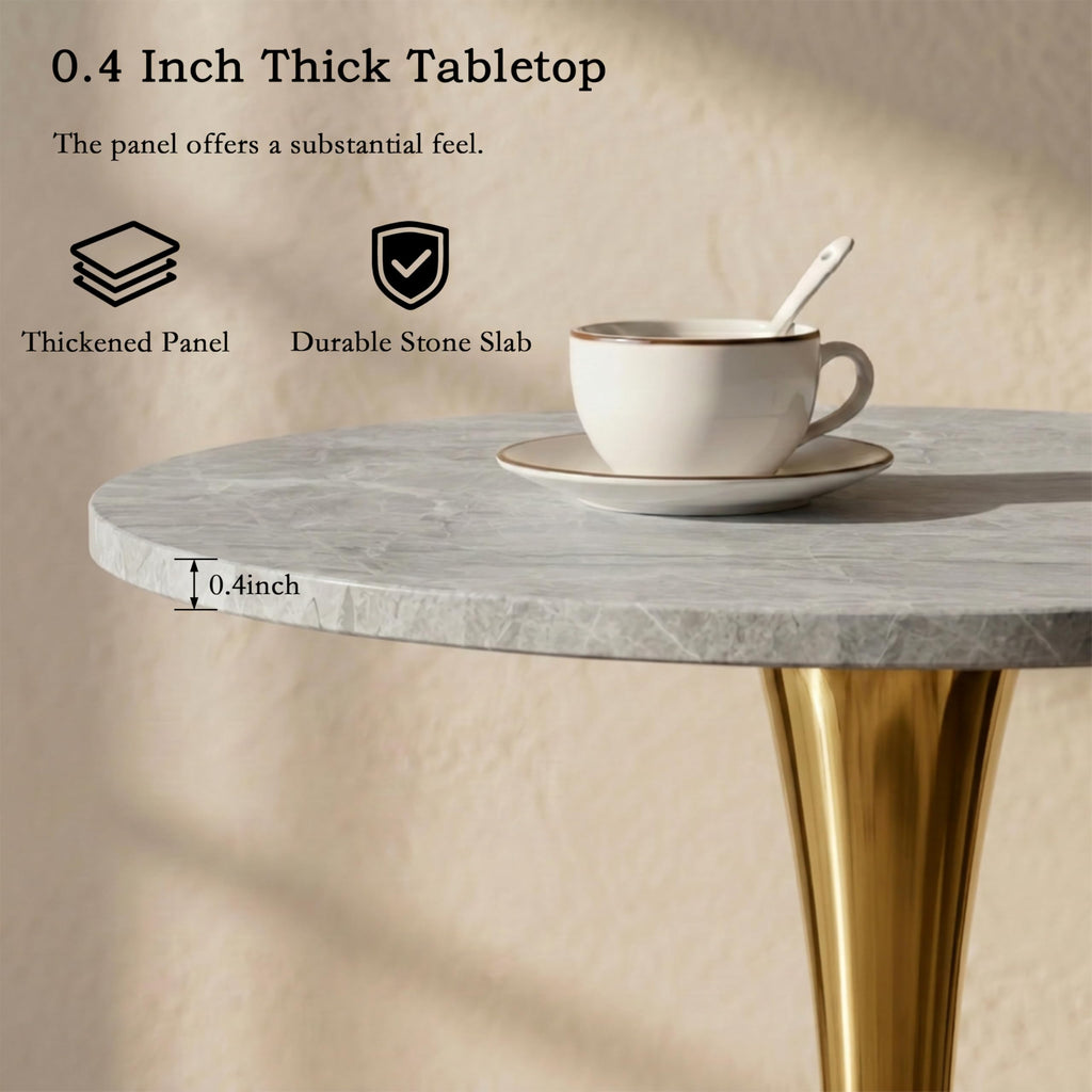 27.6" Marble Round Tulip Table, Mid-Century Modern Style Dining Table with Gold Pedestal Base for 2-4 People, Featuring A Marble Tabletop for Kitchen, Dining Room, Cafe (Light Grey)