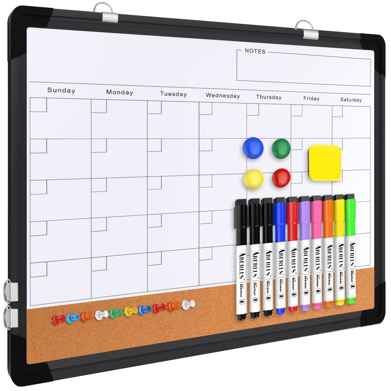 Monthly Calendar Whiteboard for Wall, 17x13 Inches Dry Erase Board with Cork Board Combo, Small Magnetic White Board, Double-Sided Hanging Portable Board for Office School Home Kitchen Planner, Black