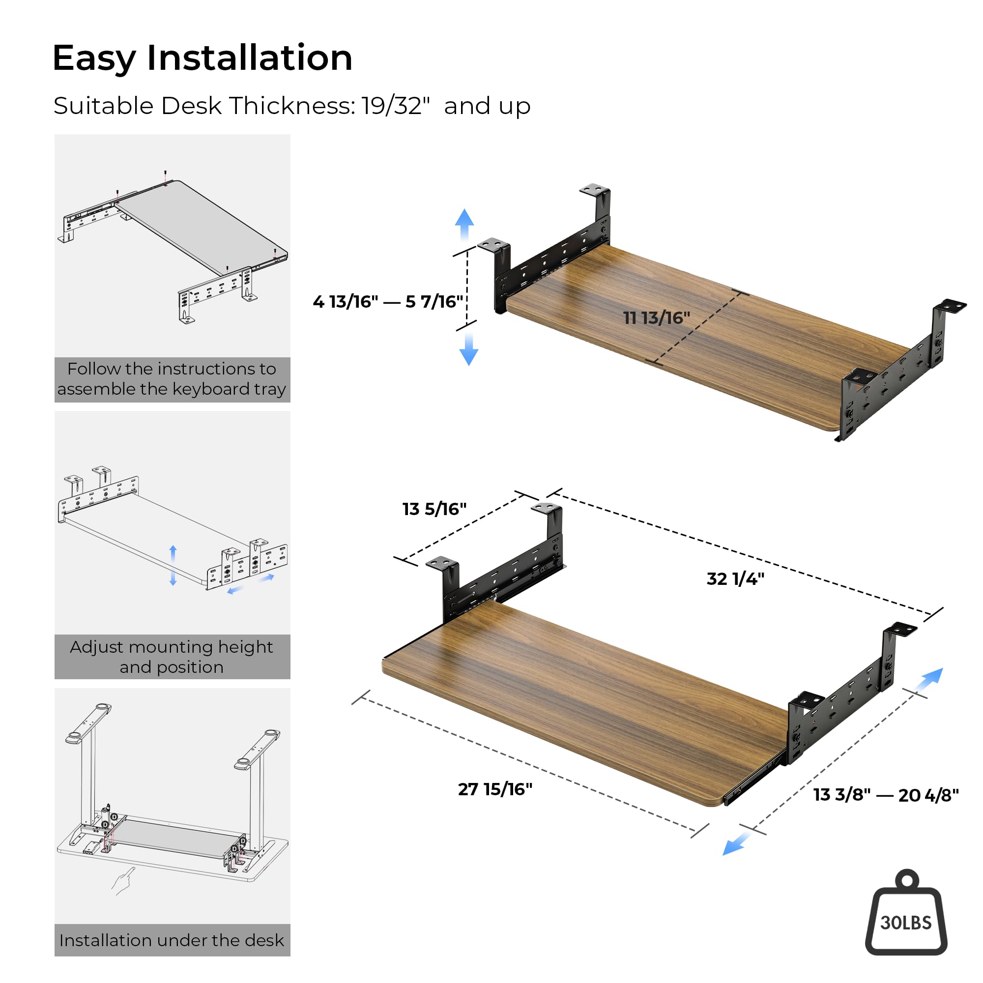 Adjustable Keyboard Tray Under Desk, 28x11 Inch Large Slide Out Keyboard & Mouse Platform Tray, Wooden Pull Out Computer Keyboard Drawer for Typing Home Office Desk, Walnut