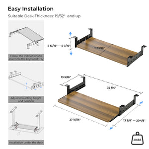 Adjustable Keyboard Tray Under Desk, 28x11 Inch Large Slide Out Keyboard & Mouse Platform Tray, Wooden Pull Out Computer Keyboard Drawer for Typing Home Office Desk, Walnut