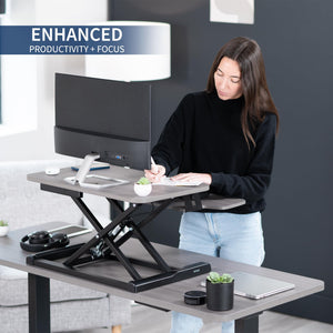 26 inch Desk Converter, K Series, Height Adjustable Sit to Stand Riser, Dual Monitor and Laptop Workstation with Keyboard Tray, Gray Top, Black Frame, DESK-V026KG