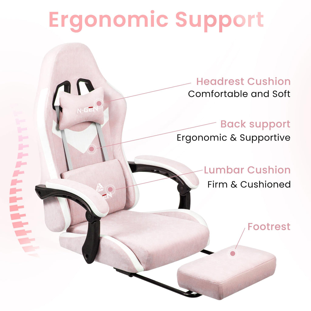 Video Gaming Chair with Footrest Lumbar Support for Home Office High Back Recliner Height Adjustable Ergonomic Comfy Fabric Computer Desk Chair (Pink)