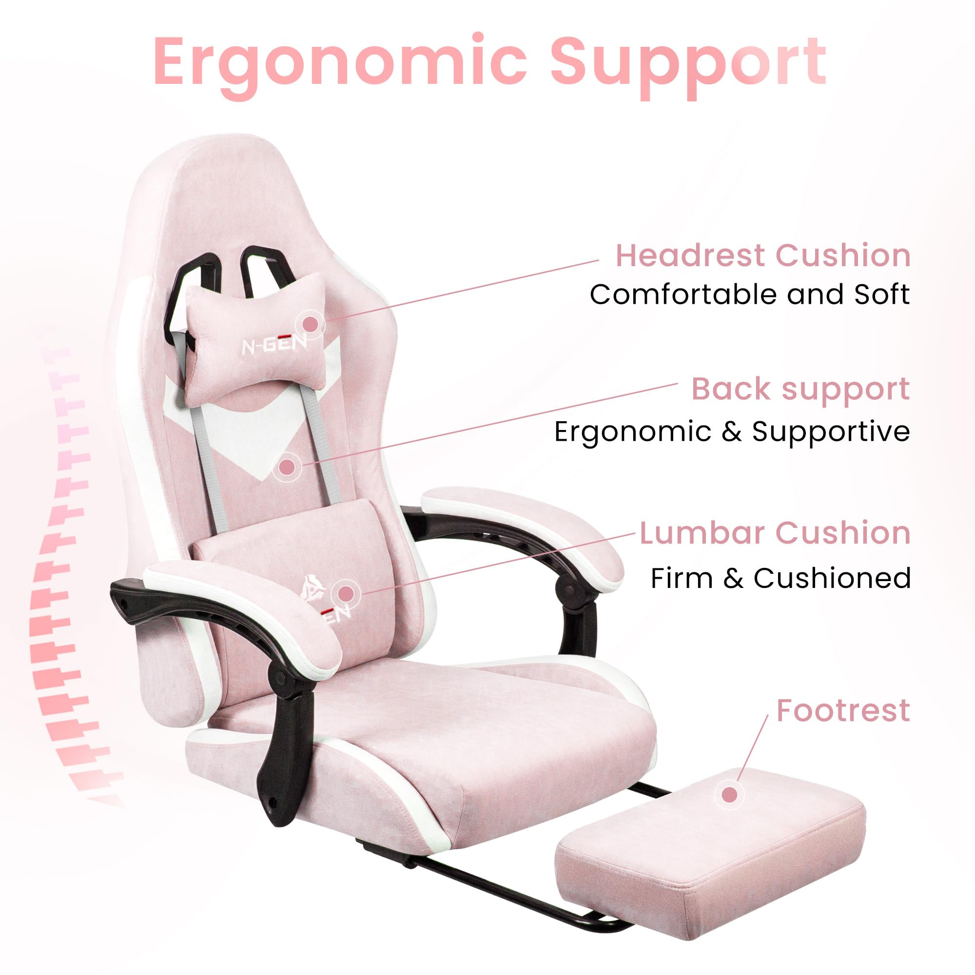 Video Gaming Chair with Footrest Lumbar Support for Home Office High Back Recliner Height Adjustable Ergonomic Comfy Fabric Computer Desk Chair (Pink)