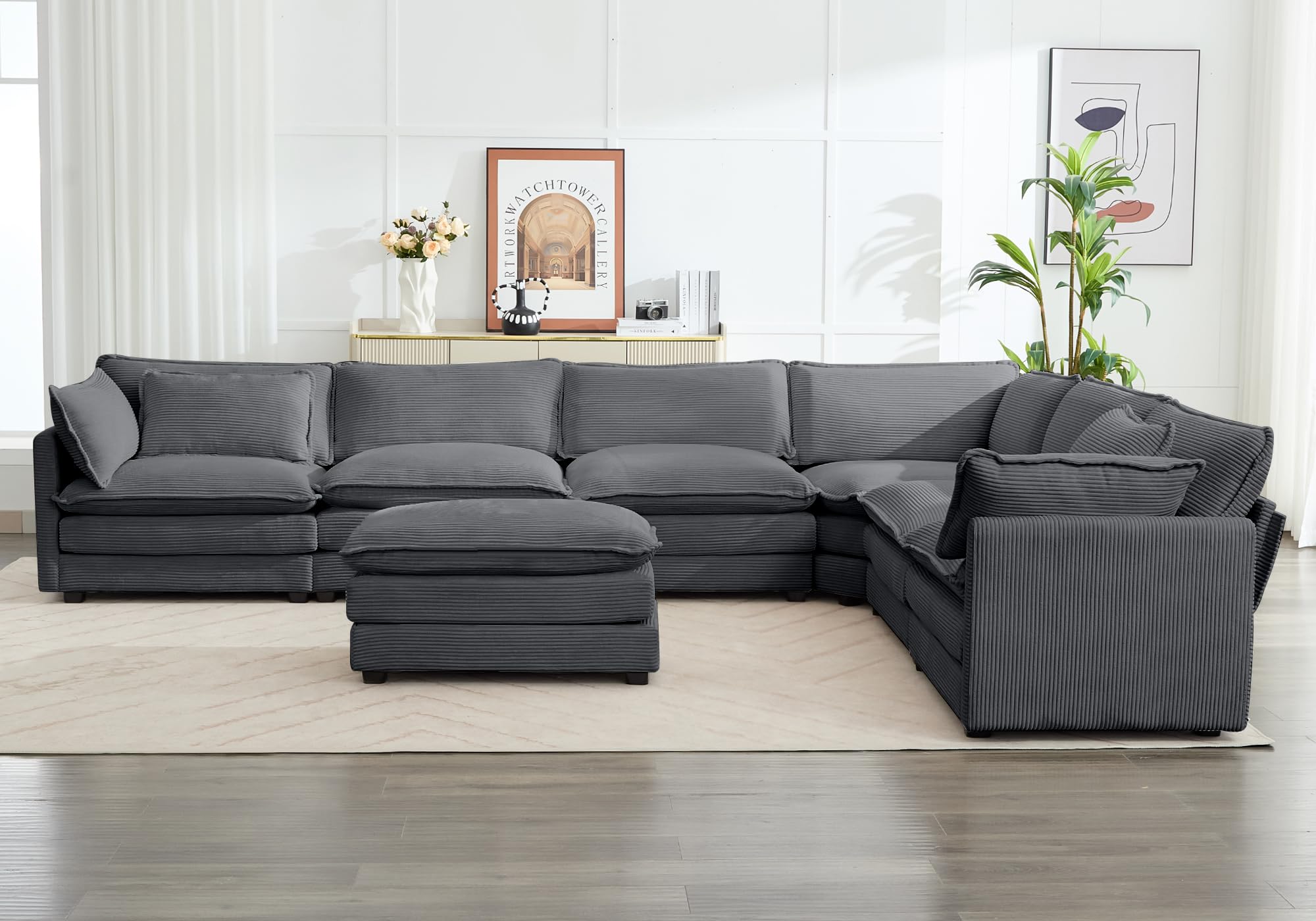 150'' Modular Sectional Corner Cloud Couch, 7 Seater Sofa Big Comfy Corduroy V Shaped Couch with 4 Throw Pillows, Movable Ottoman, Couches for Living Room Office Dark Grey
