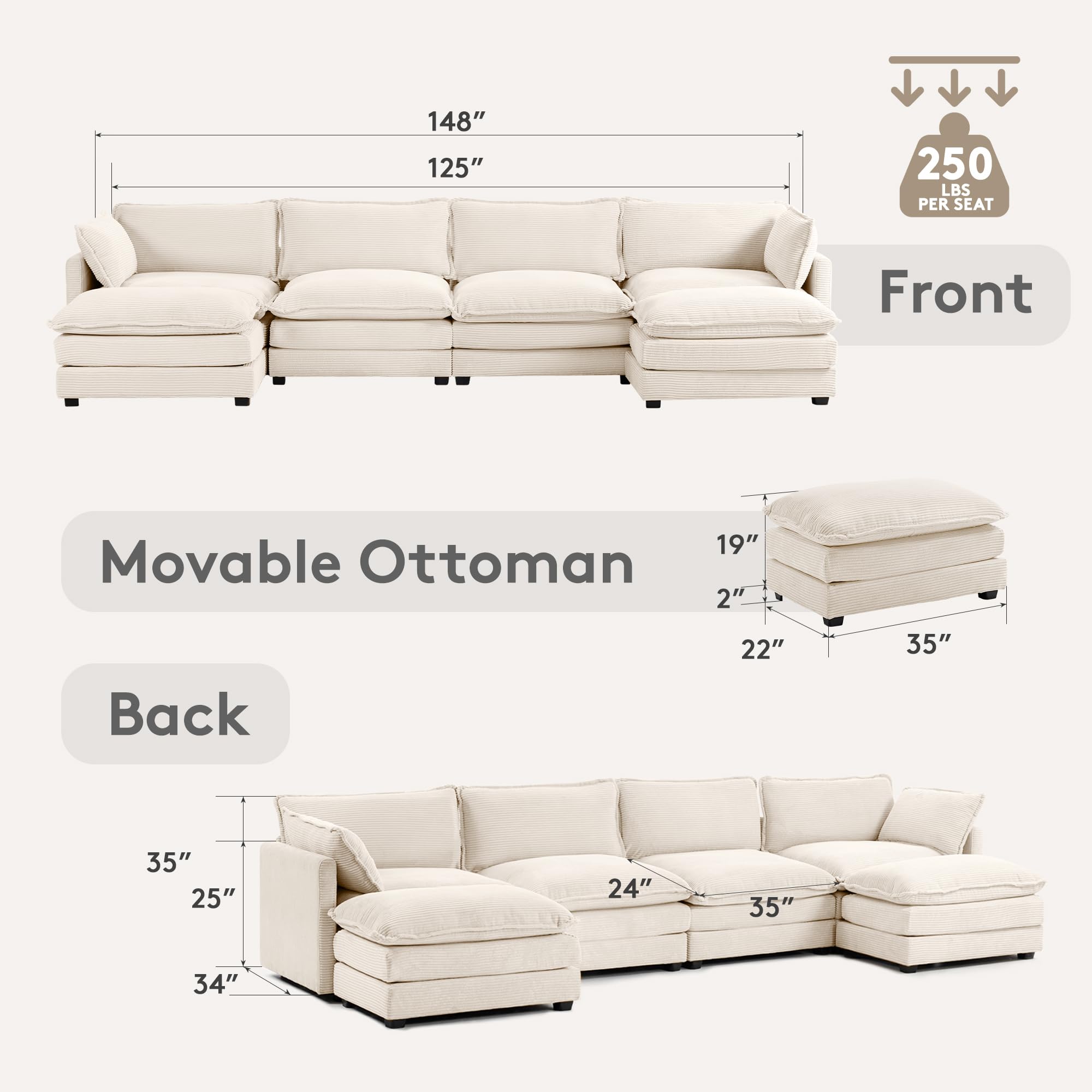 148'' Sectional Cloud Couch with 2 Ottomans, Oversized 4 Seat Sleeper Sofa with 2 Throw Pillows, Convertible Upholstered U Shaped Cozy Sofa Furniture Set for Living Room and Office, Beige