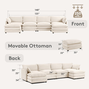 148'' Sectional Cloud Couch with 2 Ottomans, Oversized 4 Seat Sleeper Sofa with 2 Throw Pillows, Convertible Upholstered U Shaped Cozy Sofa Furniture Set for Living Room and Office, Beige