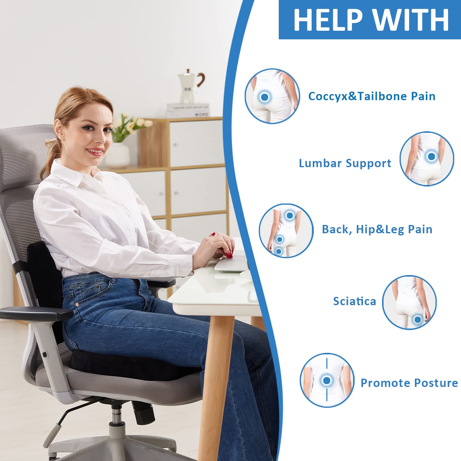 Seat Cushion and Lumbar Support Pillow for Office Chair, Memory Foam Car Seat Cushions Back Support Pillows, Help Relieve Pain of Back, Lumbar, Tailbone and Sciatic Nerve（Black）