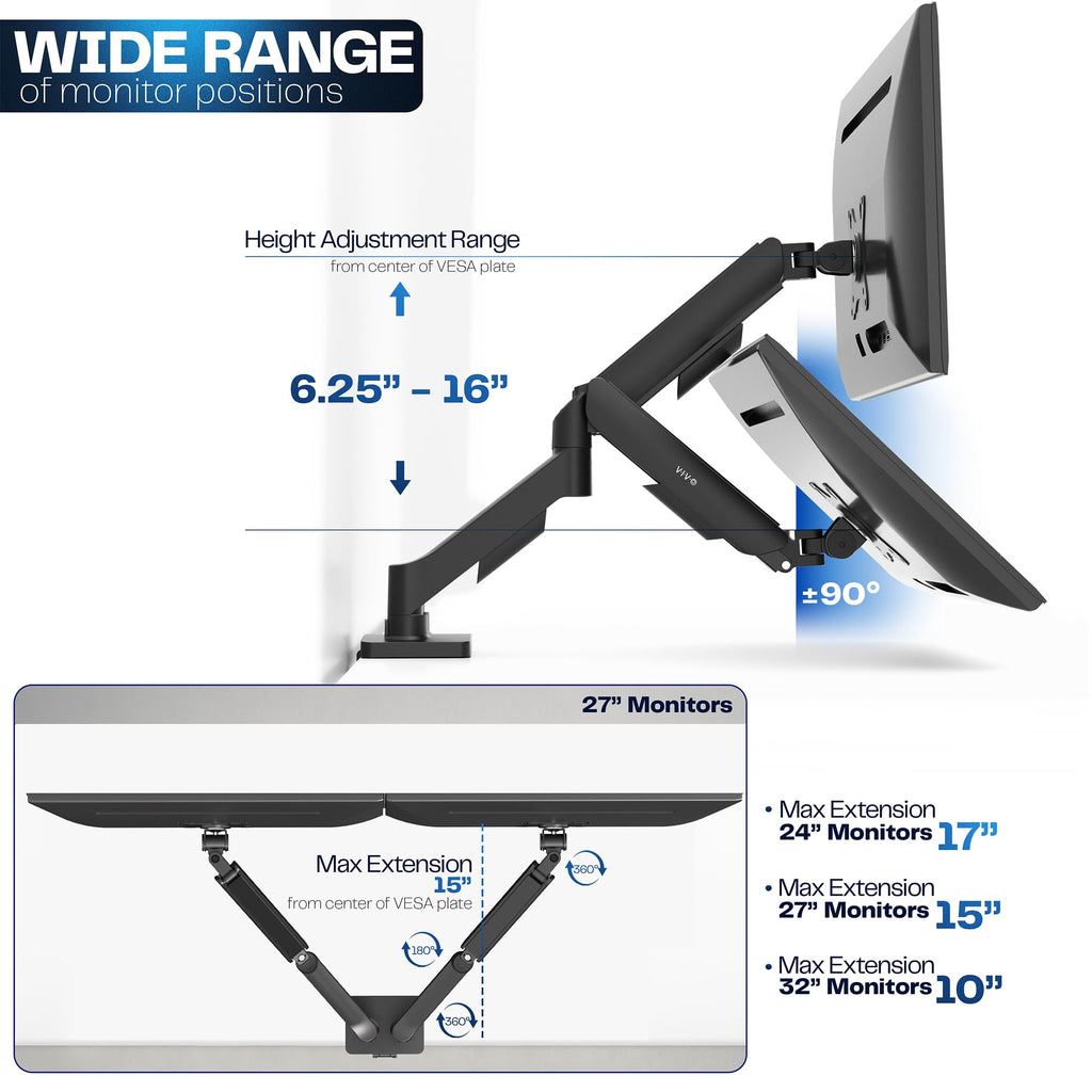 Dual Monitor up to 32 inches and 19.8 lbs per Screen, Pneumatic Arm Desk Mount, Articulating Counterbalance, VESA Stand, Classic, STAND-V002O