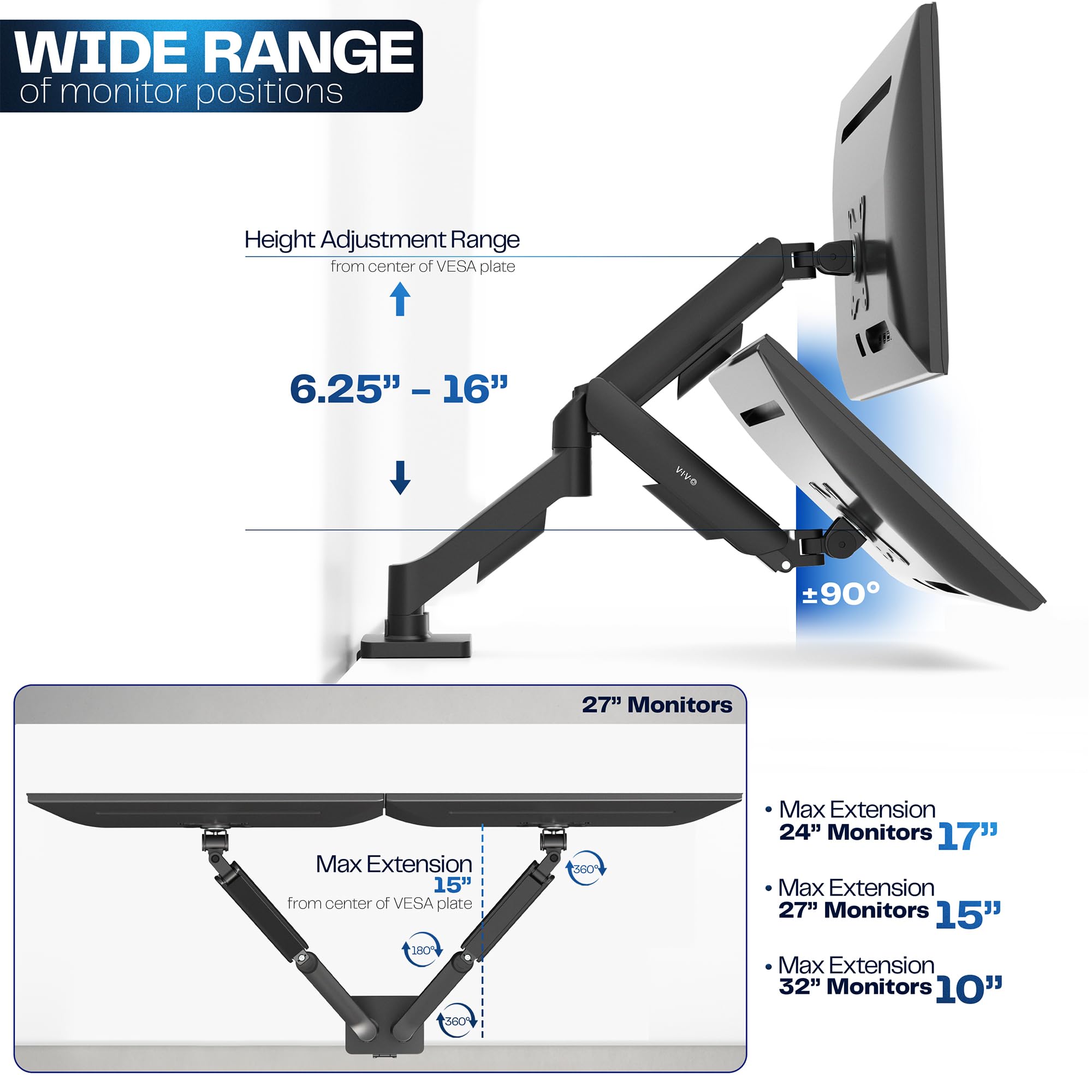 Dual Monitor up to 32 inches and 19.8 lbs per Screen, Pneumatic Arm Desk Mount, Articulating Counterbalance, VESA Stand, Classic, STAND-V002O