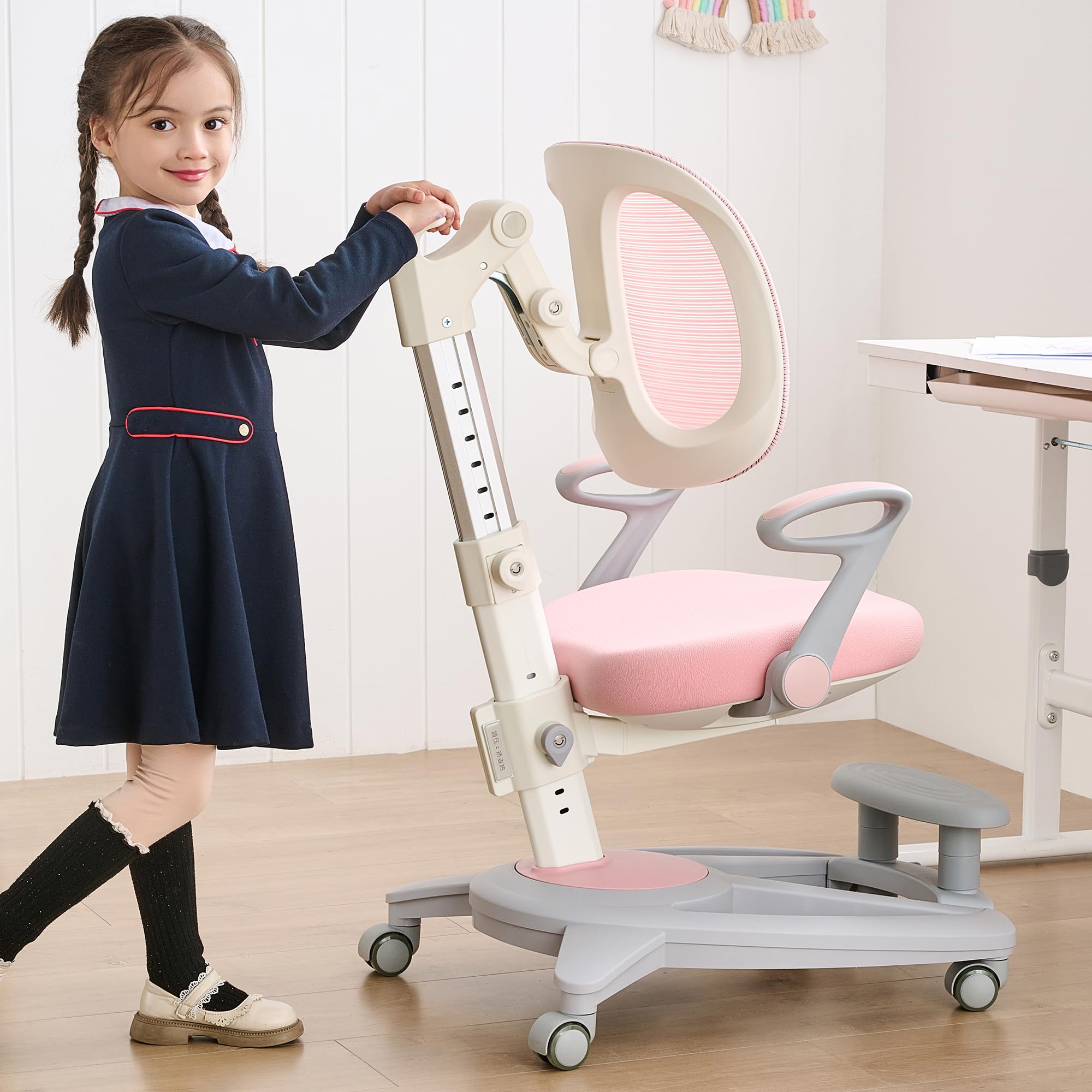 Ergonomic Kids Desk Chair with Footrest & Height-Adjustable Seat, Multifunctional for Study, Work & Dining – Comfy Cushion & Smooth Wheels for Boys & Girls （Pink）