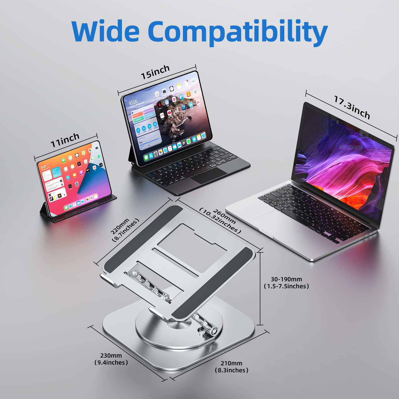 Laptop Stand with 360° Rotating Base, Foldable Adjustable Computer Holder, Ergonomic Design Compatible with MacBook Air Pro, Dell XPS, HP, Lenovo More 10-17" (A-Silver)
