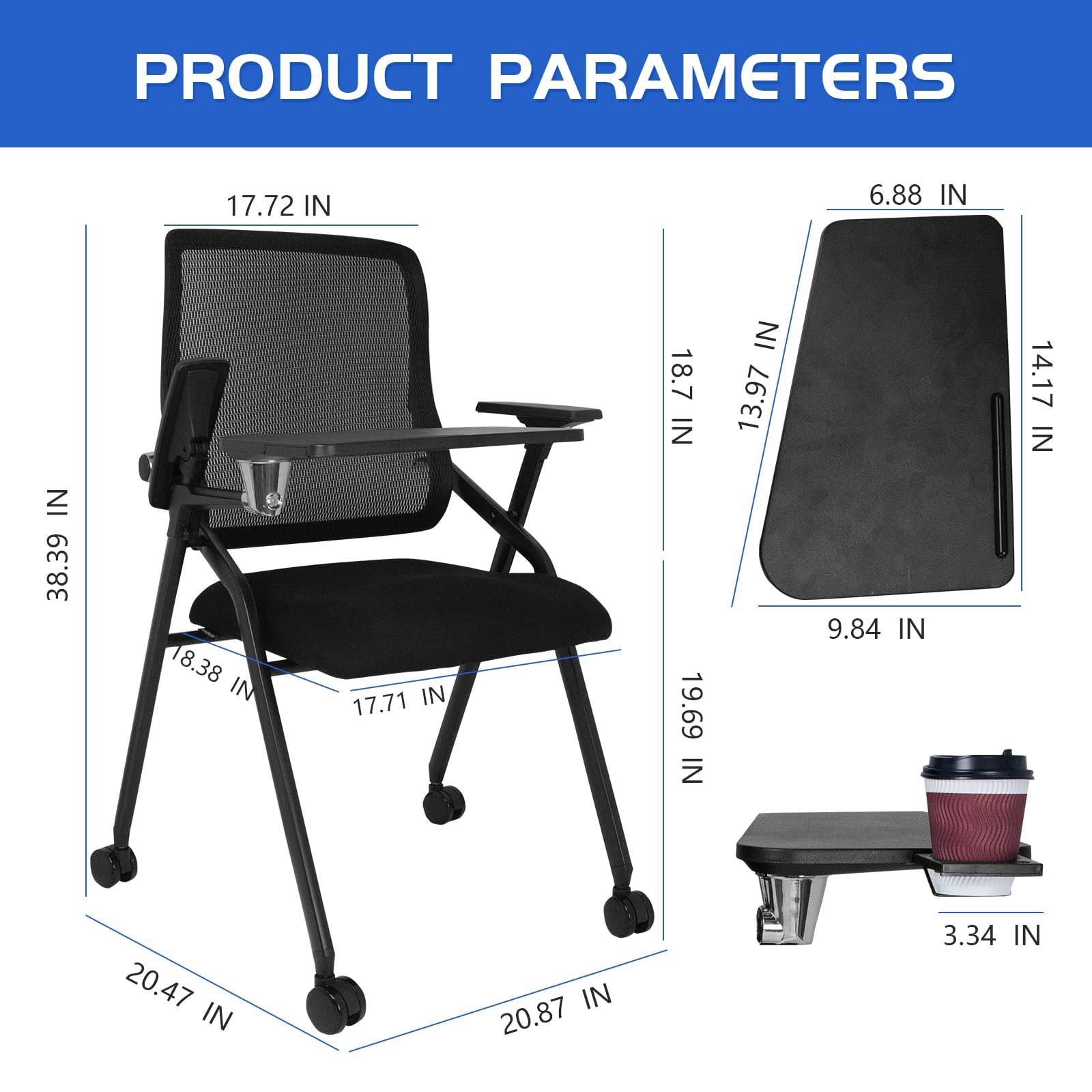 Updated Conference Room Chairs with Tablet Arm, Folding Office Desk Chair with Lumbar Support and Sliding Armrest with Casters, Stackable Office Guest Chairs & Reception Chairs, 1 Pack Black