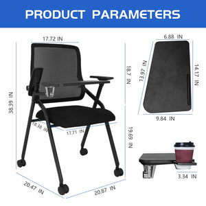 Updated Conference Room Chairs with Tablet Arm, Folding Office Desk Chair with Lumbar Support and Sliding Armrest with Casters, Stackable Office Guest Chairs & Reception Chairs, 1 Pack Black