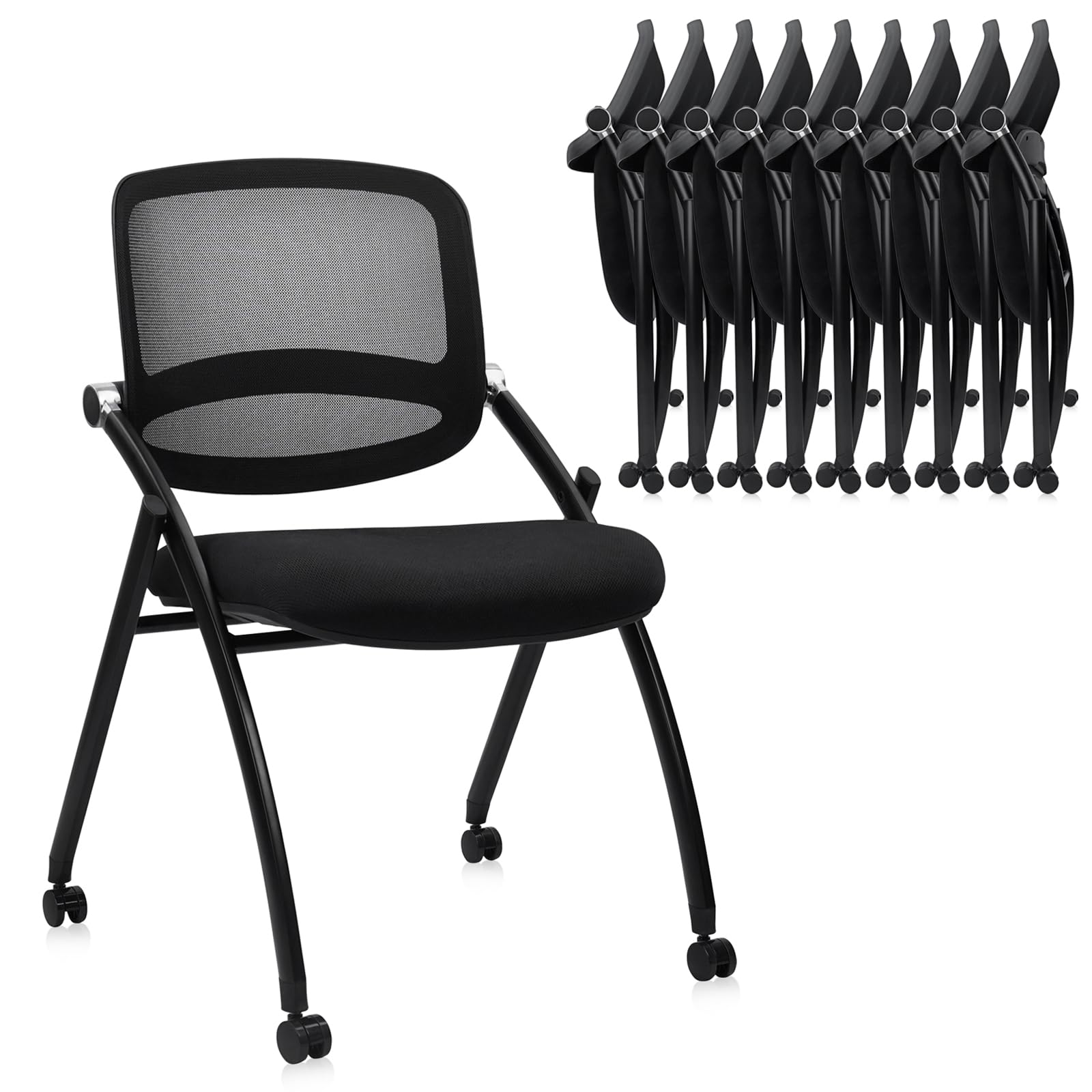 10PACK, Stackable & Foldable Chairs with Wheels, Reception Guest Chairs with Lumbar Support, Ergonomic Curved Mesh Back Folding Chair for Office Schools Conference Waiting Room, Black,
