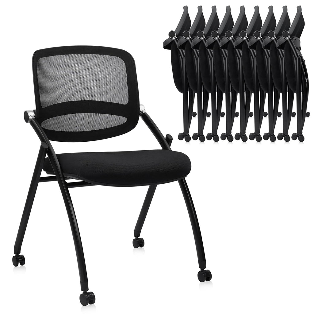 10PACK, Stackable & Foldable Chairs with Wheels, Reception Guest Chairs with Lumbar Support, Ergonomic Curved Mesh Back Folding Chair for Office Schools Conference Waiting Room, Black,