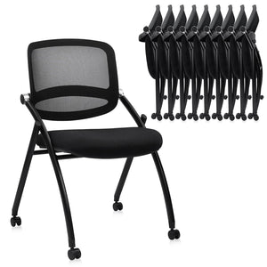 10PACK, Stackable & Foldable Chairs with Wheels, Reception Guest Chairs with Lumbar Support, Ergonomic Curved Mesh Back Folding Chair for Office Schools Conference Waiting Room, Black,