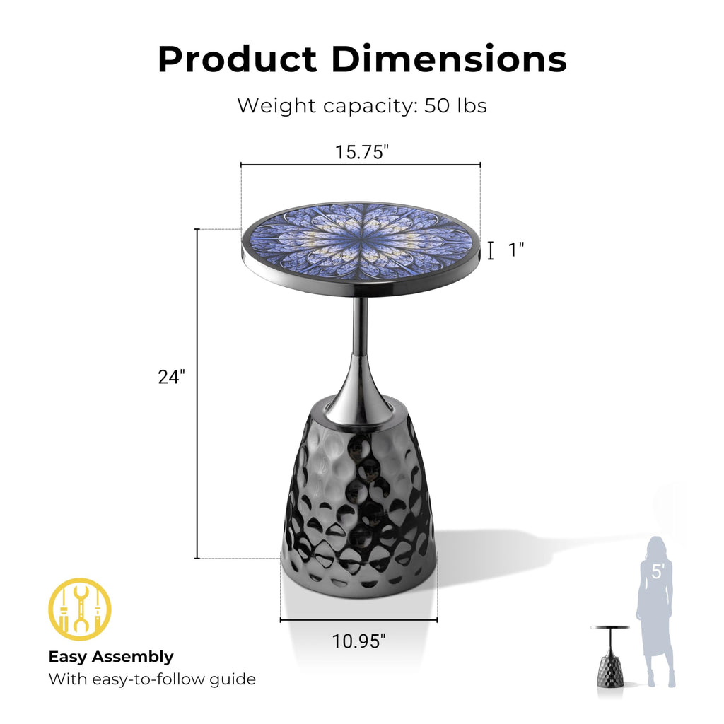 Modern 24" Tall Round End Table with Printed Tabletop and Iron Metal Base, Accent Furniture, Pedestal Stand for Living Room, Home Office, Black with Geometric Floral
