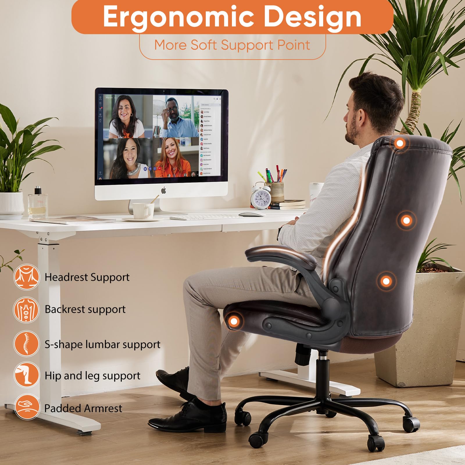Set of 2, Ergonomic Computer Gaming Office Chair , Heavy Duty Task Desk Swivel Rolling Chairs with Wheels, Flip-up Arms, Adjustable Height, PU Leather,Dark Brown