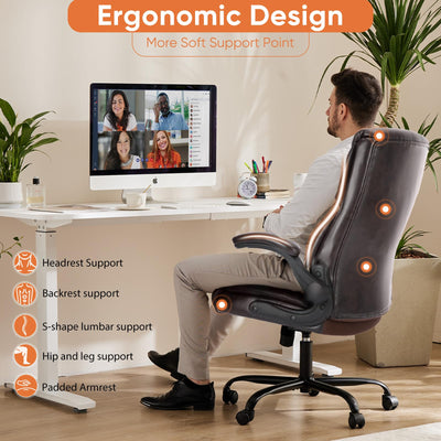 Set of 2, Ergonomic Computer Gaming Office Chair , Heavy Duty Task Desk Swivel Rolling Chairs with Wheels, Flip-up Arms, Adjustable Height, PU Leather,Dark Brown