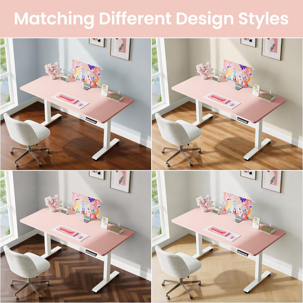 55 Inch Large Electric Standing Desk, 4 Memory Heights Adjustable,Sit to Stand Up, Work Home Office Computer Table for Study, Walking Pad, Writing, and Games, Wooden Desktop Desks, Pink