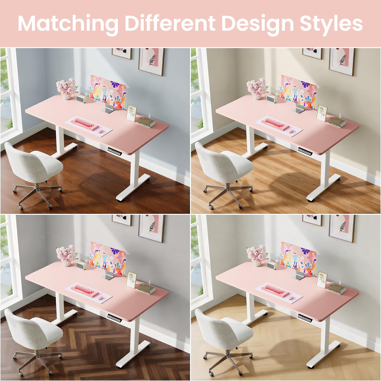 55 Inch Large Electric Standing Desk, 4 Memory Heights Adjustable,Sit to Stand Up, Work Home Office Computer Table for Study, Walking Pad, Writing, and Games, Wooden Desktop Desks, Pink