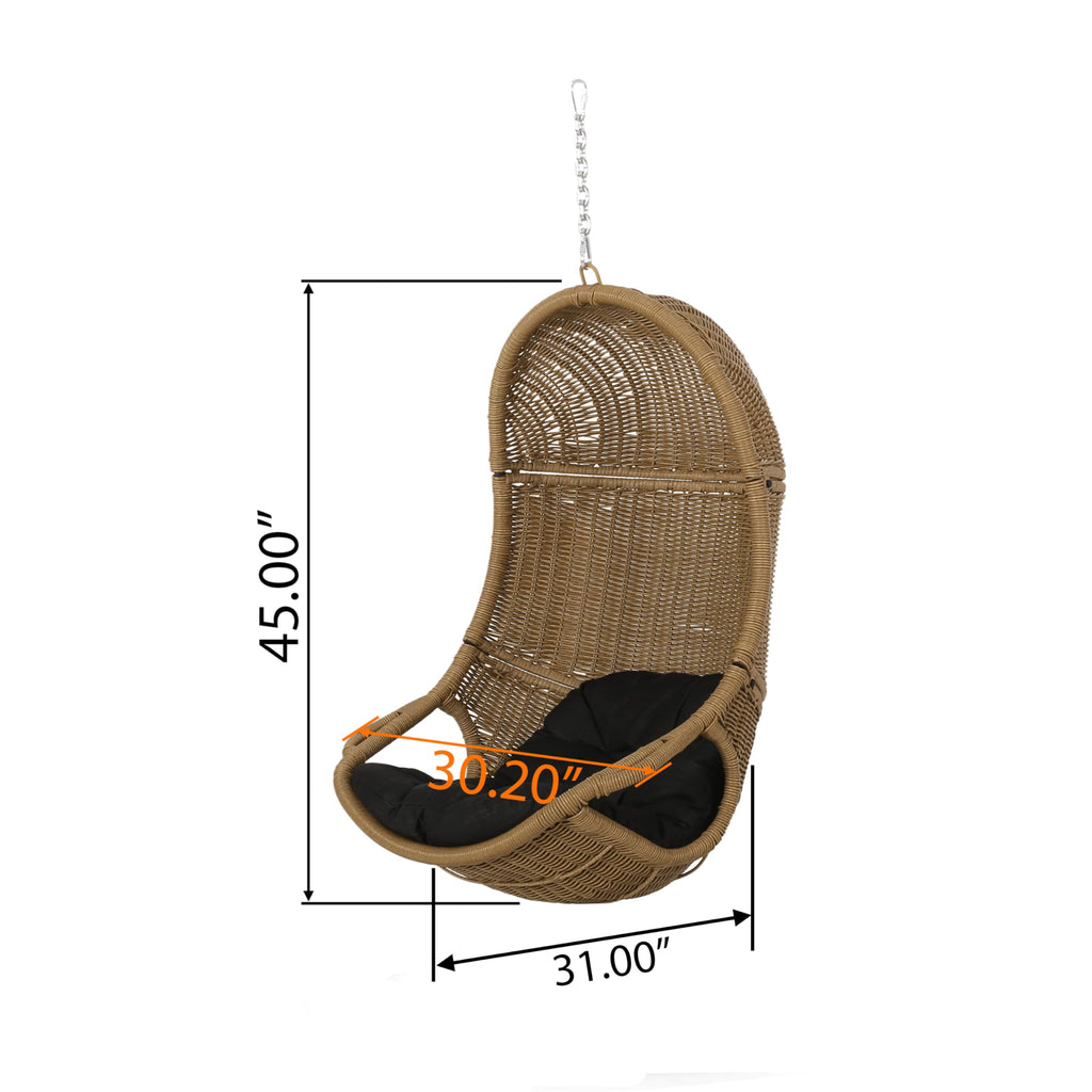 Hanging Basket Chair with Cushion, Outdoor Indoor Basket Chair, Boho Garden Rattan Lounger Porch Swing Furniture, Modern Patio Decor, Brown+Gray