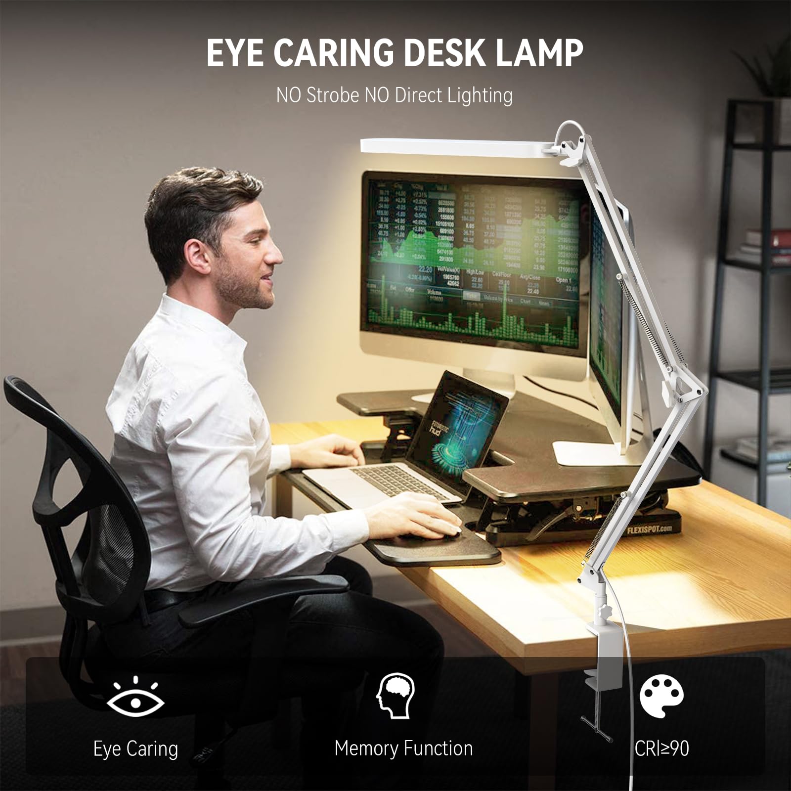 Led Desk Lamp - 31.5" Desk Light - 5 Color Modes X 11 Brightness Levels - Adjustable Swing Arm - Timmer & Memory Function - 12W Study Lamp - White