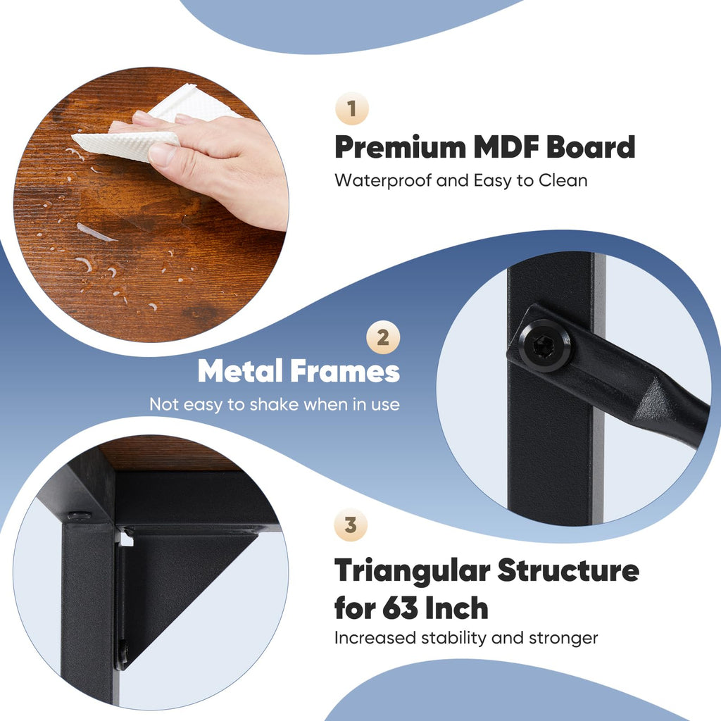 63 Inch Computer Office Desk Writing Gaming Study Work Large Desks for Bedroom Home Office with Metal Frame Simple Modern PC Table Workstation, Wood Brown