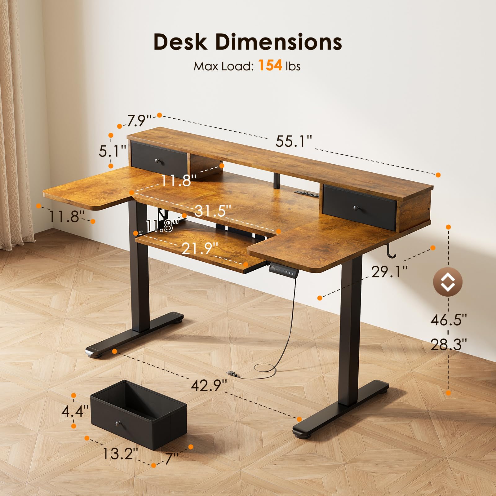 U Shaped Electric Standing Desk with Drawers, 55 Inch Height Adjustable Desk with Keyboard Tray ＆ Ergonomic Monitor Stand, Sit Stand Table with Power Outlets for Home, Office, Rustic Brown