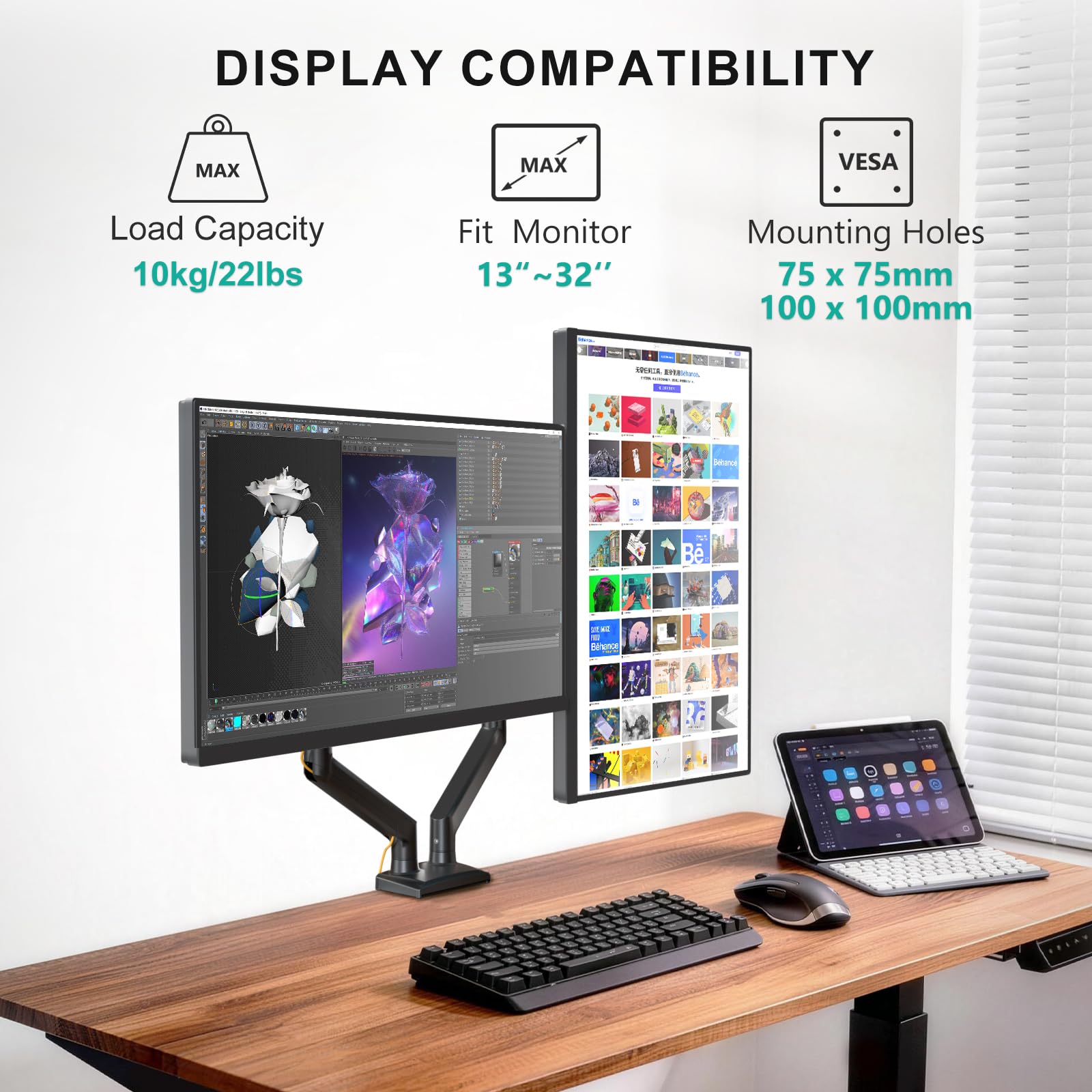 Dual Monitor Stand for 13-32 inch Computer Screens, Dual Monitor Arms for 2 Monitors Holds up to 22 lbs, Height Adjustable Dual Monitors Mount, VESA 75x75/100x100mm (GSMP002N), Black