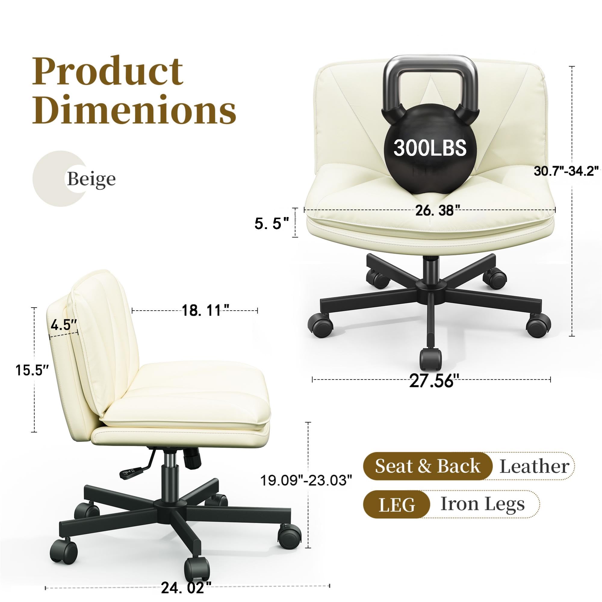 Criss Cross Chair with Wheels, Cross Legged Office Chair, Armless, 2 Layer Scratch-Resistant Pu Leather Swivel for Home Office,Makeup Vanities & Dressing Tables,Beige
