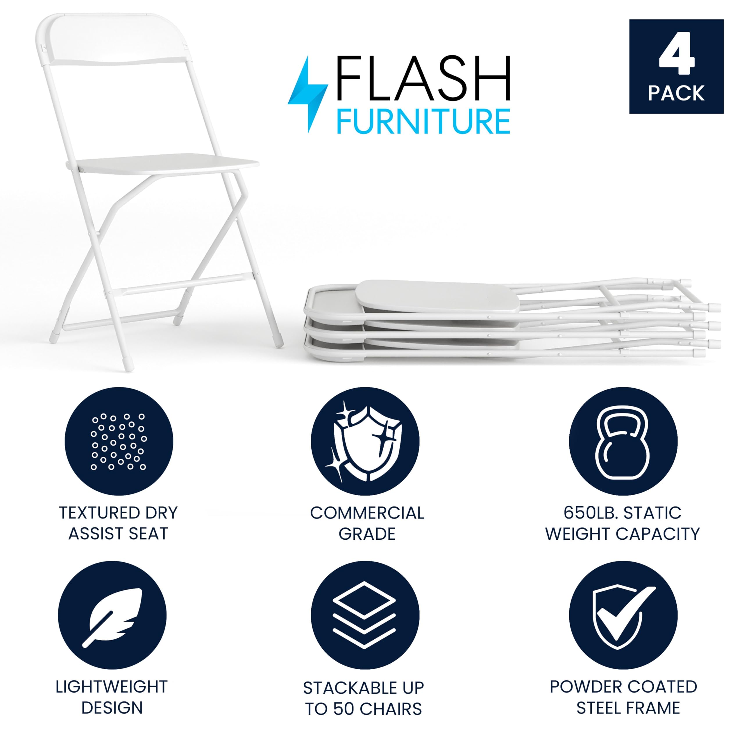 4 Pack, Hercules Series Plastic Folding Chair - White -  650LB Weight Capacity Comfortable Event Chair-Lightweight Folding Chair