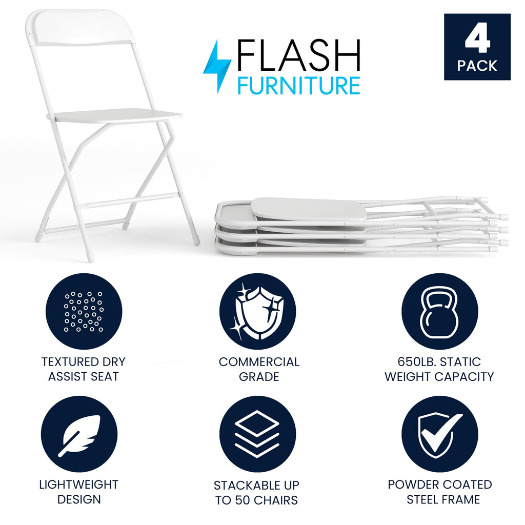4 Pack, Hercules Series Plastic Folding Chair - White -  650LB Weight Capacity Comfortable Event Chair-Lightweight Folding Chair