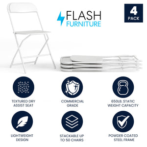 4 Pack, Hercules Series Plastic Folding Chair - White -  650LB Weight Capacity Comfortable Event Chair-Lightweight Folding Chair