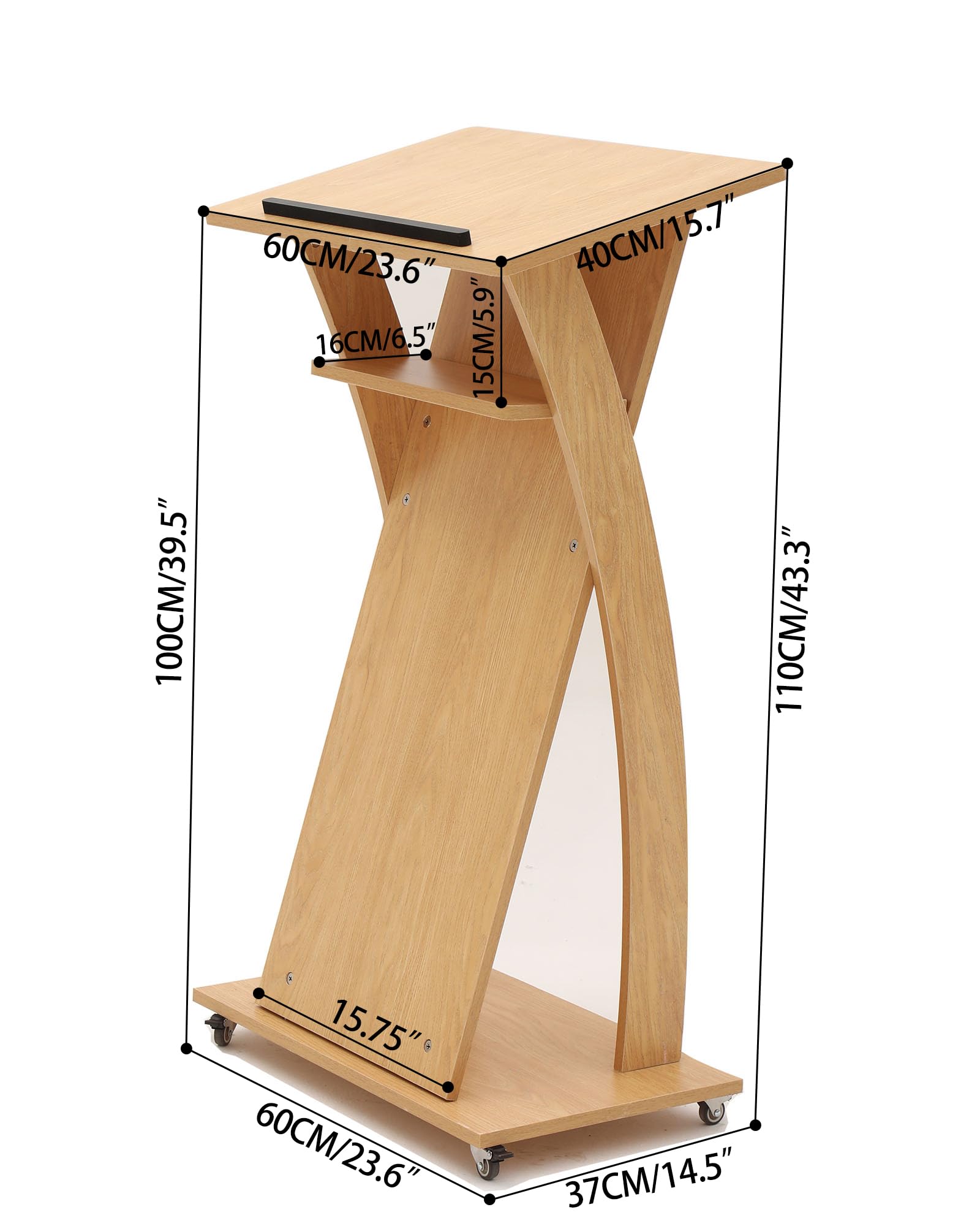 Mobile Wooden Podium Stand with Wheels Lectern Oak Color 16MM Wood Board Elegant Design Wooden Pulpit for Churches Seminars and Schools