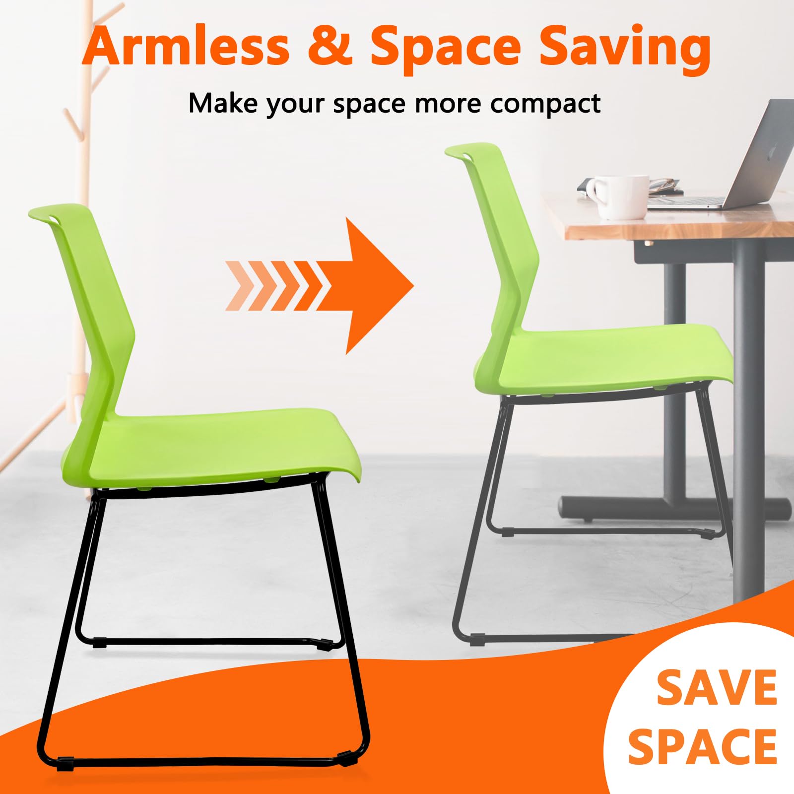 Set of 12, Green, Stackable Guest Reception Chairs, Stacking Office Chair with Ergonomic Lumbar Support & Metal Legs, Plastic Desk Chairs for Conference School Church Waiting Meeting Break Room