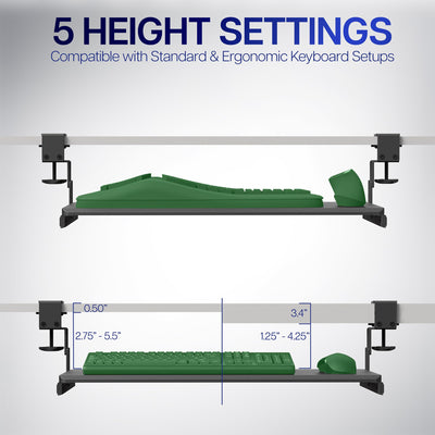 Large Height Adjustable Under Desk Keyboard Tray, C-clamp Mount System, 27(33 Including Clamps) x 11 inch Slide-Out Platform for Typing, Black, MOUNT-KB05HB