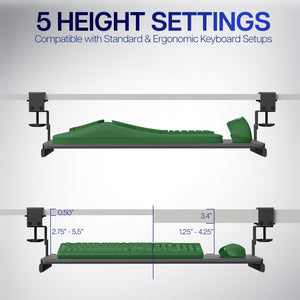 Large Height Adjustable Under Desk Keyboard Tray, C-clamp Mount System, 27 (33 Including Clamps) x 11 inch Slide-Out Platform for Typing, Light Wood, MOUNT-KB05HA