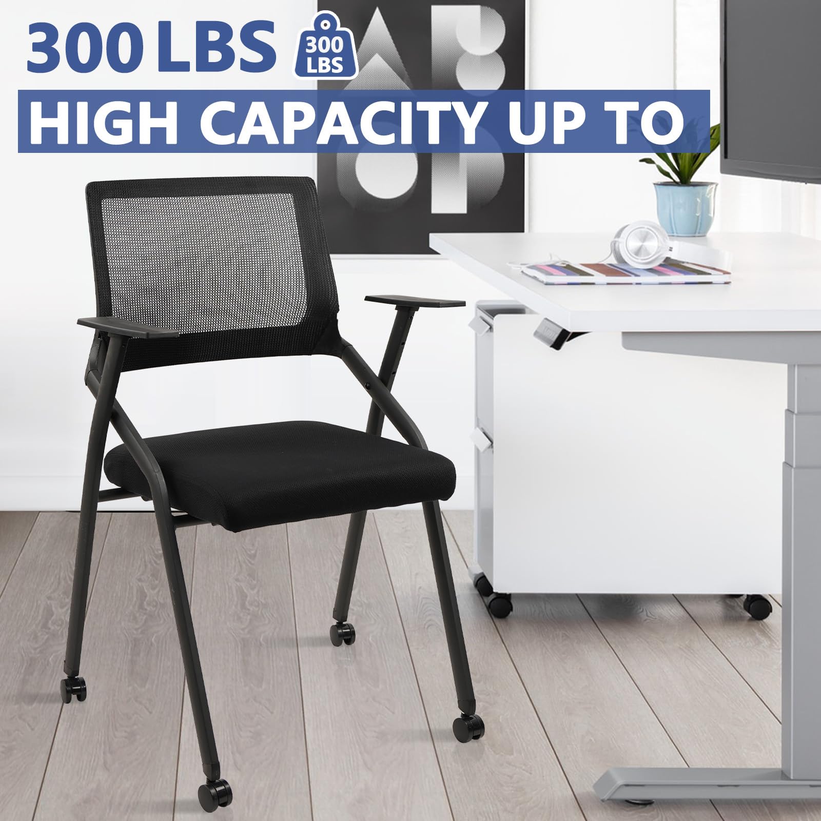 Stackable Foldable Conference Room Chairs with Wheels, Portable Padded Office Desk Chair with Lumbar Support and Armrest for Training Room, Guest, Reception, Black (1pk)
