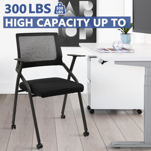 Stackable Foldable Conference Room Chairs with Wheels, Portable Padded Office Desk Chair with Lumbar Support and Armrest for Training Room, Guest, Reception, Black (1pk)