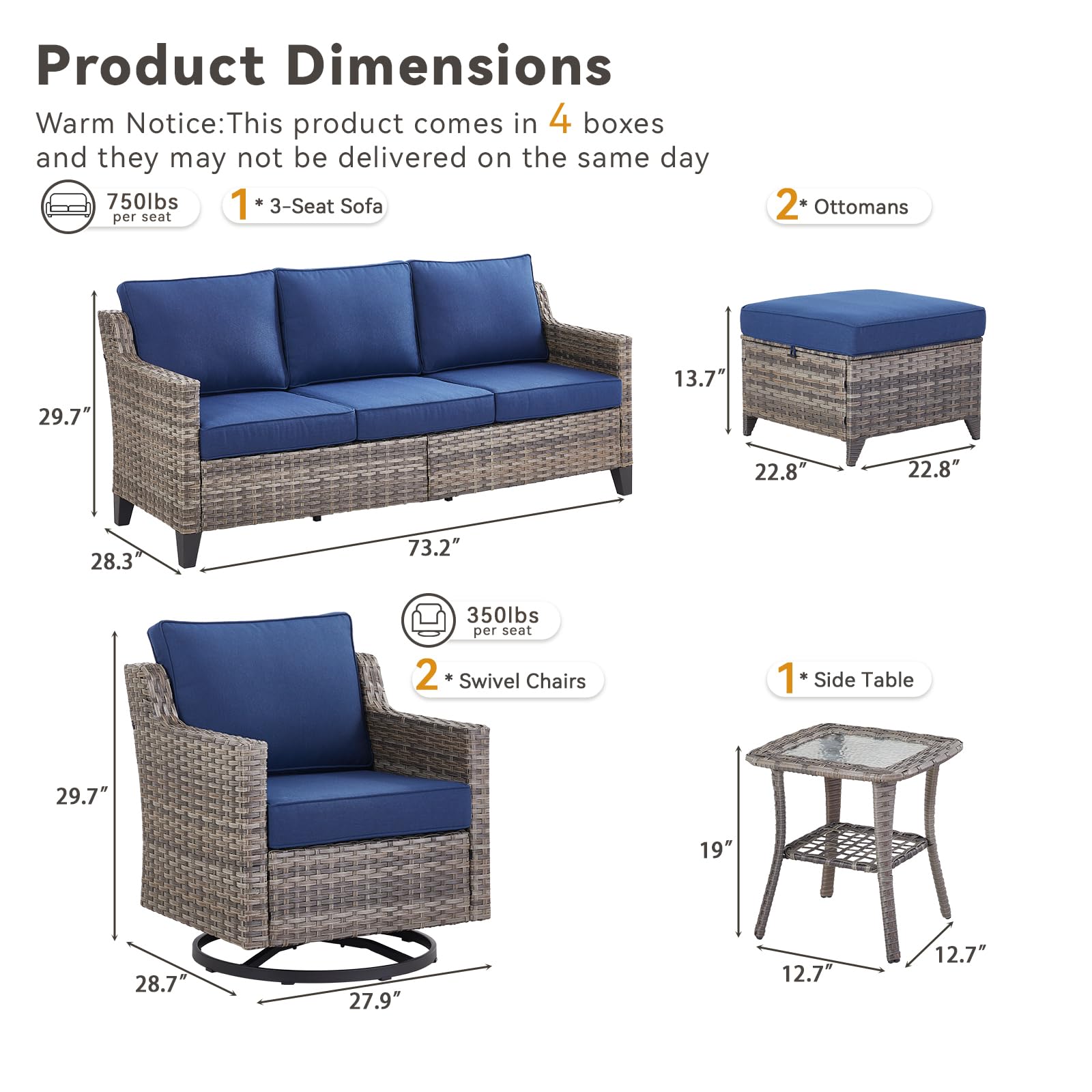 6 Piece Outdoor Patio Wicker Furniture Sets-High Back Outdoor Conversation Set Sectional Sofa with Wicker Swivel Rocker Patio Chairs,Thick Cushions Ottomans for Porch Balcony Patio Deck Grey/Blue